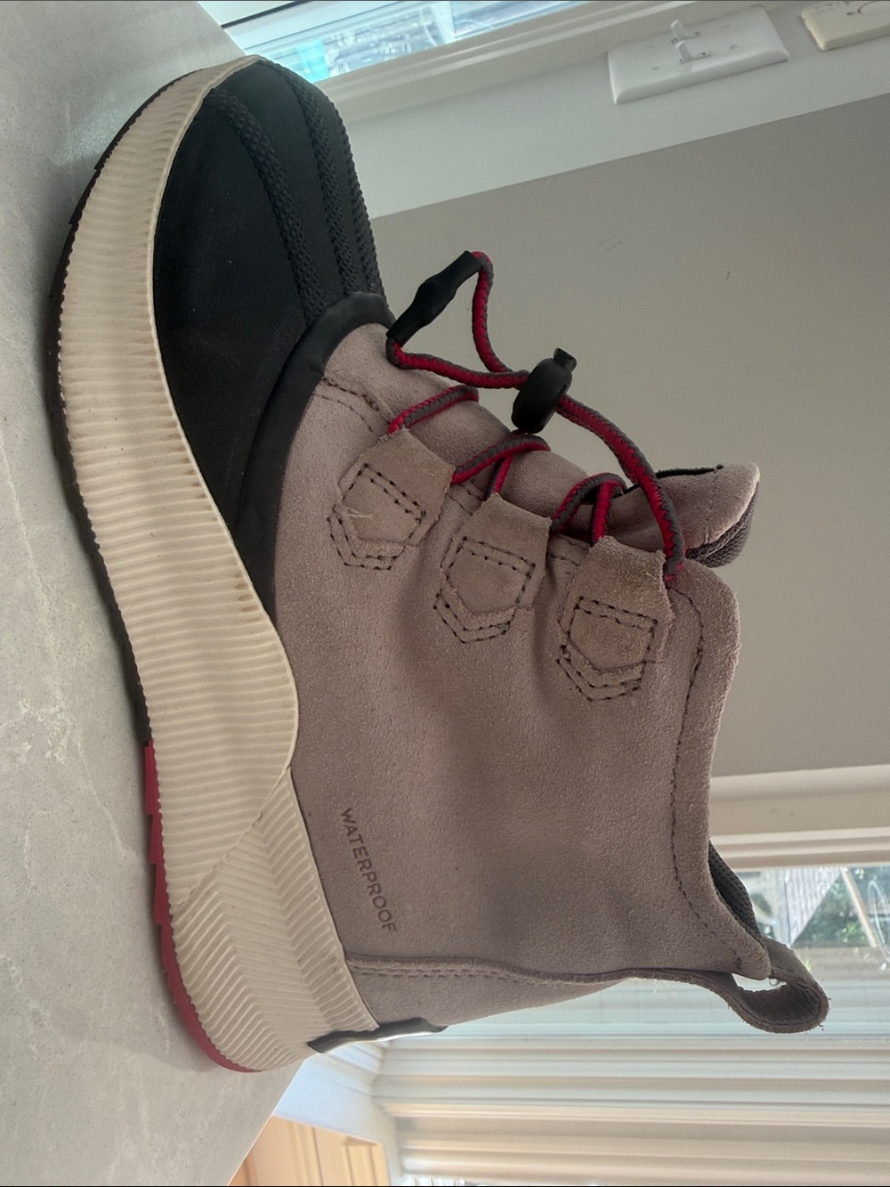 Sorel Taupe and Black Waterproof Boots with Red Accents